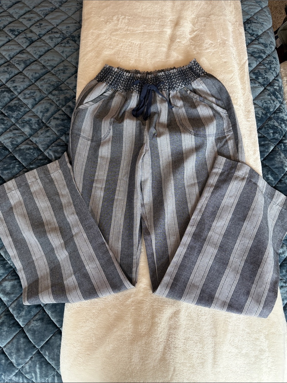 Ci Sono Navy and White Smocked Stripe Pants